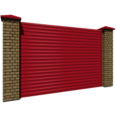 Секция забора жалюзи из ламелей еврожалюзи RAL3003 Рубин с кирпичными столбами