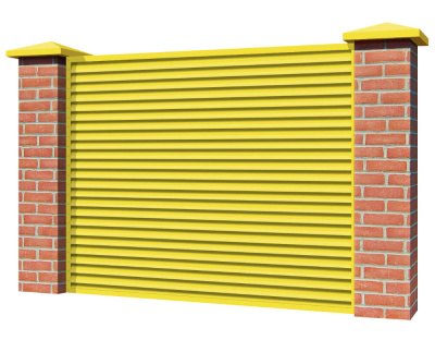 Секция забора жалюзи из ламелей Жалюзи ЭКО-Z RAL1018 Желтый с кирпичными столбами
